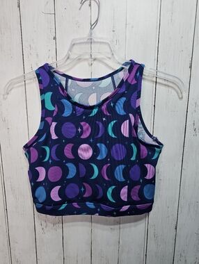 NWOT POP Fit Women's Blue Moon Print Sports Bra Wireless Size Medium No Padding.